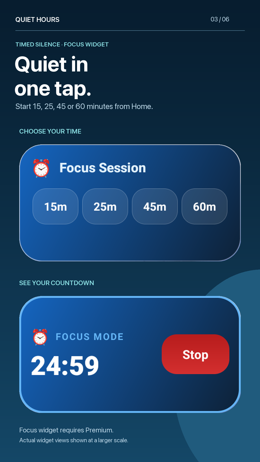 Premium Focus widget with 15, 25, 45 and 60-minute choices and an active session countdown