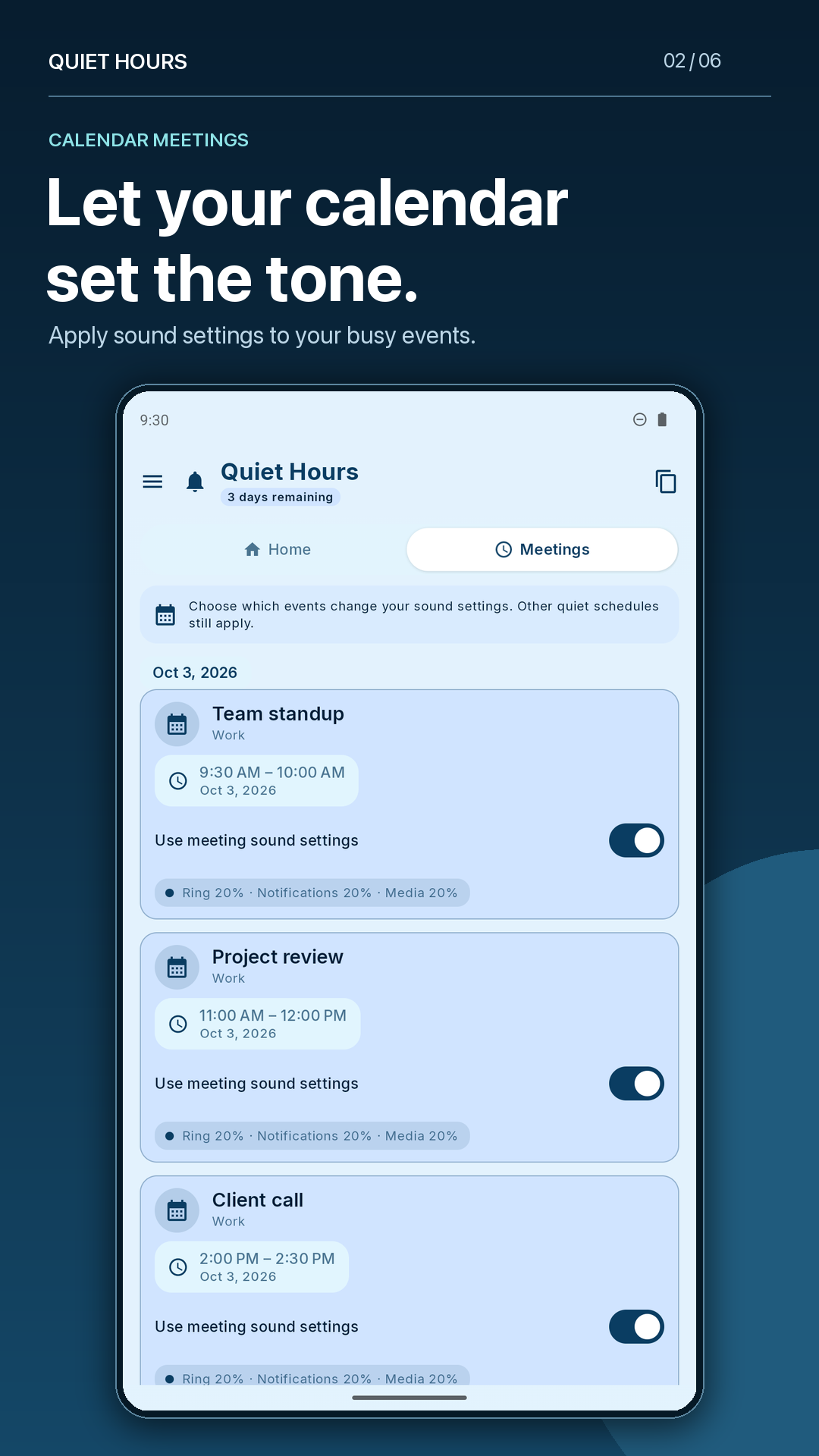 Calendar meetings with individual sound-setting switches for Team standup, Project review and Client call