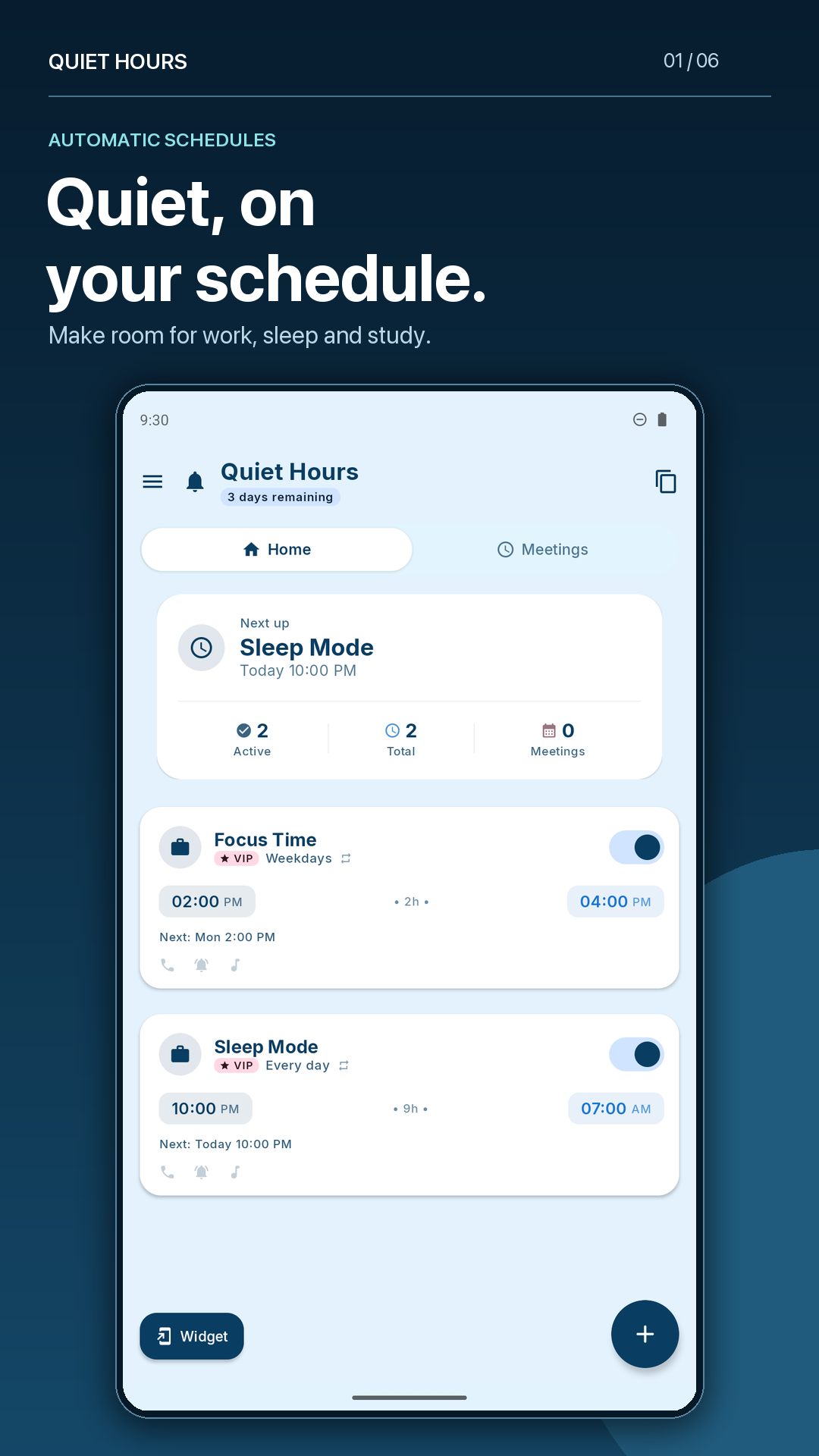 Quiet Hours home screen with example Focus Time and Sleep Mode sound schedules